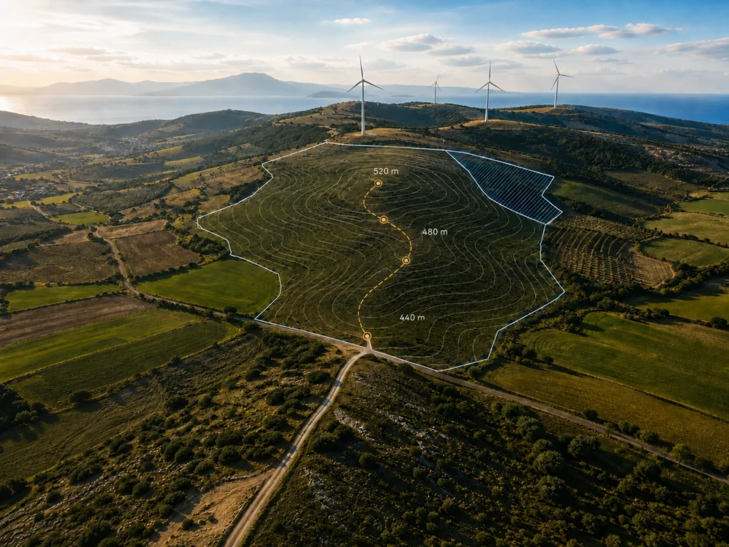 Απεικόνιση τεχνικής αξιολόγησης αιολικού έργου με όρια μελέτης και υψομετρική ανάλυση